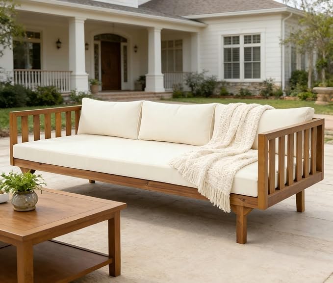 Merax Solid Acacia Wood Couch Chaise Lounge Chair Indoor, 3 Seater Daybed Sofa - Image 11