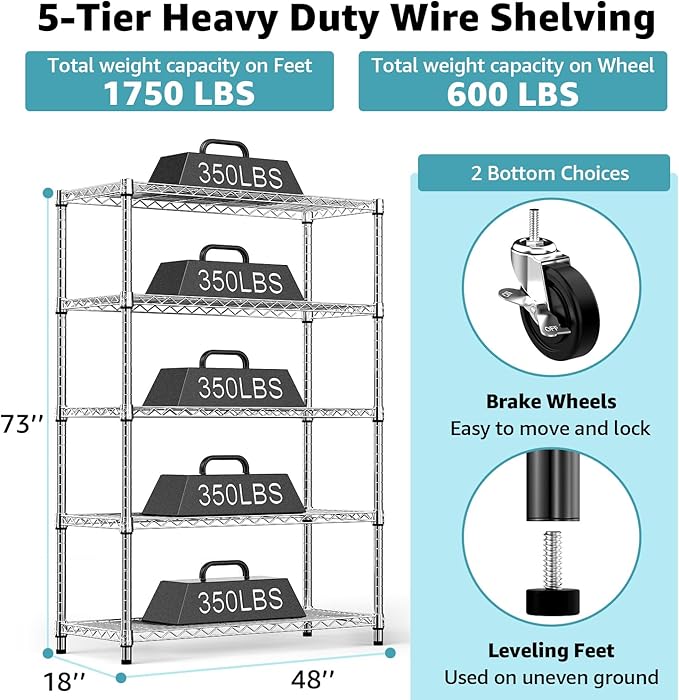 5-Shelf Storage Shelves, Wire Shelving Heavy Duty Metal Storage Shelving Unit - Image 3