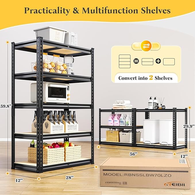 5 Tier Garage Shelving 2020LBS Storage Shelves, Adjustable Heavy Duty Metal - Image 3