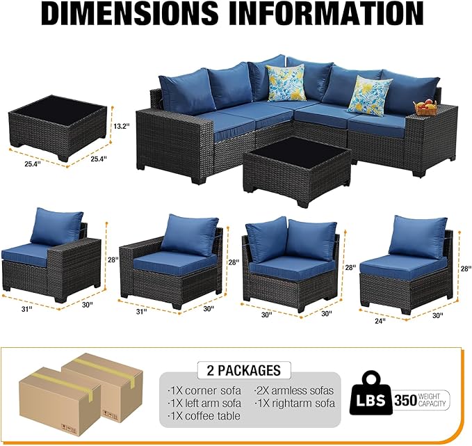 6 Pieces Patio Furniture Set All-Weather Outdoor Wicker Sectional Conversation - Image 4