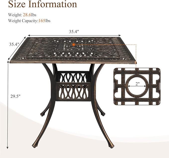 VINGLI Patio Dining Table with Umbrella Hole, Cast Aluminum Outdoor Bistro - Image 3