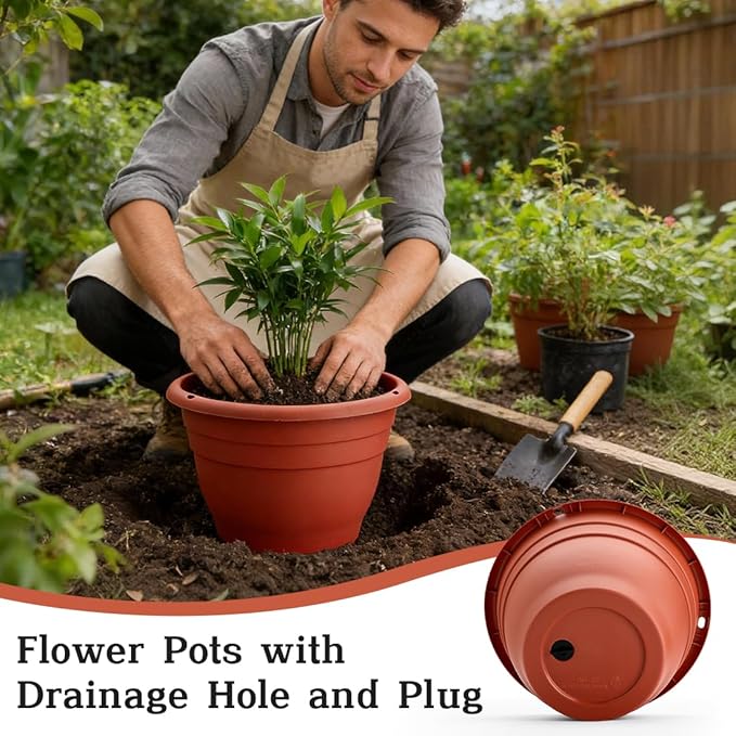 3 Pack 11 Inch Plant Pots with Drainage, Terracotta Plastic Planters - Image 5