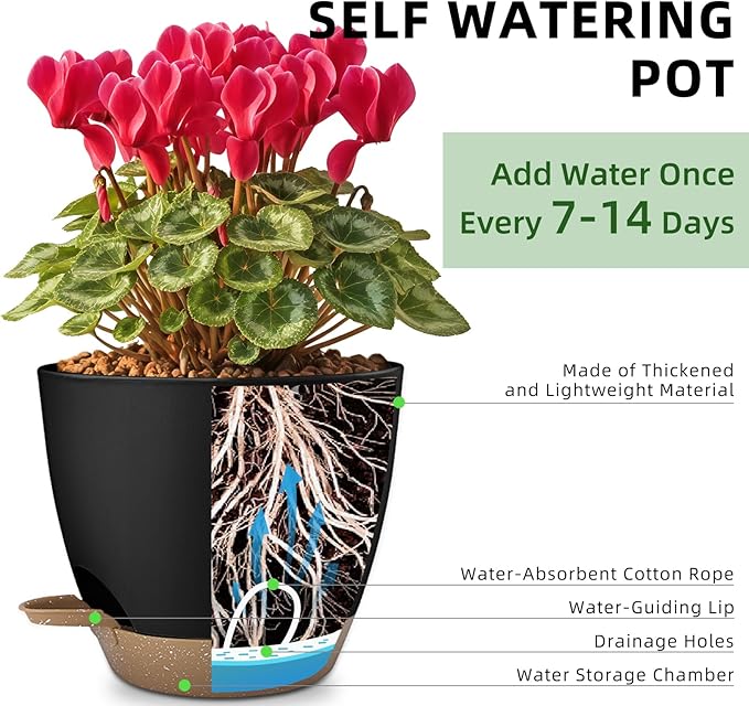 Plant Pots 8/7.5/7/6.5/6 Inch Self Watering Pots, 5 Pack Planters - Image 2