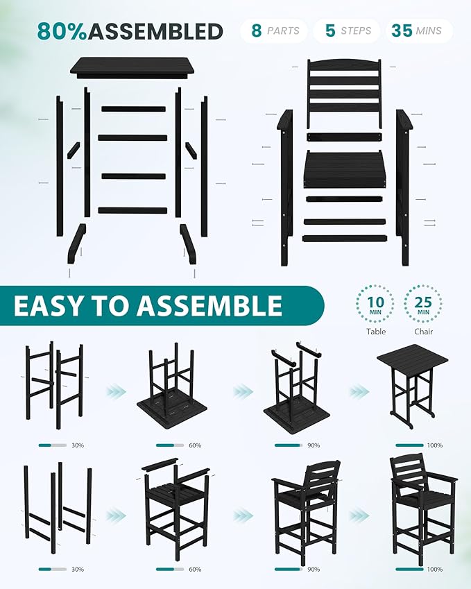 SERWALL 5-Piece Adirondack Bar Chairs Set, HDPE Adirondack Barstools - Image 6