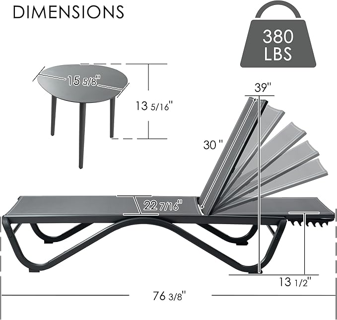 Kozyard Outdoor Chaise Lounge Chair, Full Aluminum Frame, Adjustable Reclining - Image 2