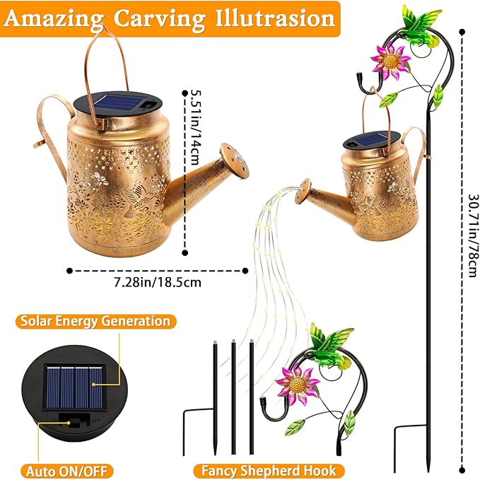 Solar Powered Hummingbird with Flowers Watering Can Lights Waterproof Outdoor - Image 3