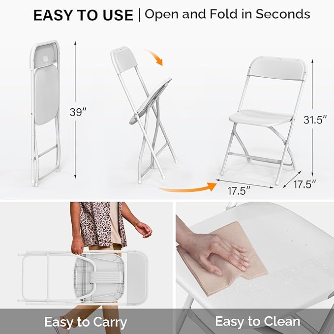 VINGLI 10 Pack White Plastic Folding Chair, Indoor Outdoor Portable Stackable - Image 3