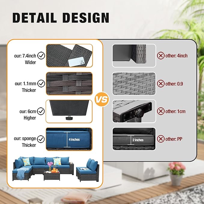 9 Pieces Patio Furniture Set All-Weather Outdoor Wicker Sectional Conversation - Image 3