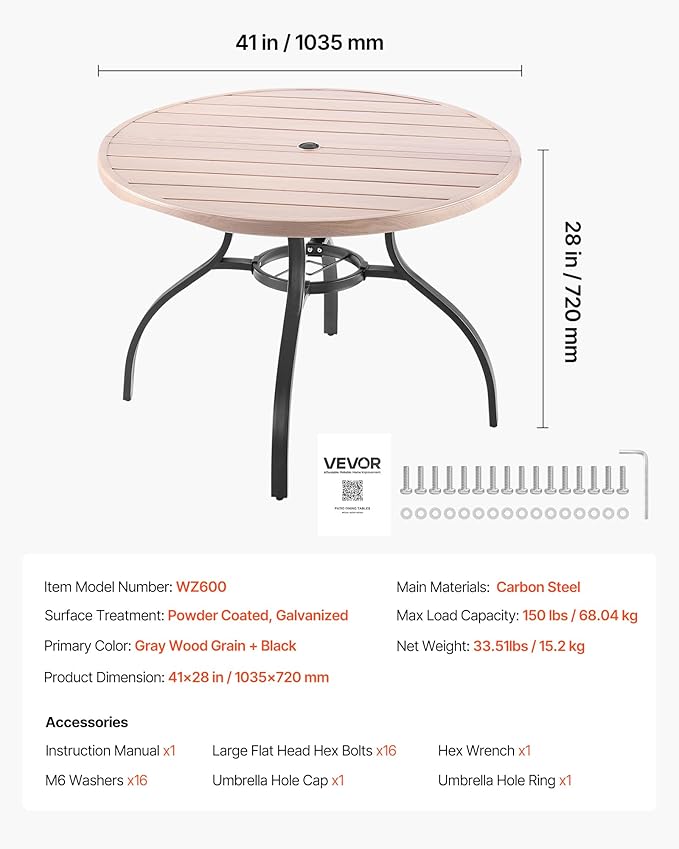 VEVOR Outdoor Patio Dining Table, 41 inch Round Wood-Like Steel Slat Backyard - Image 3