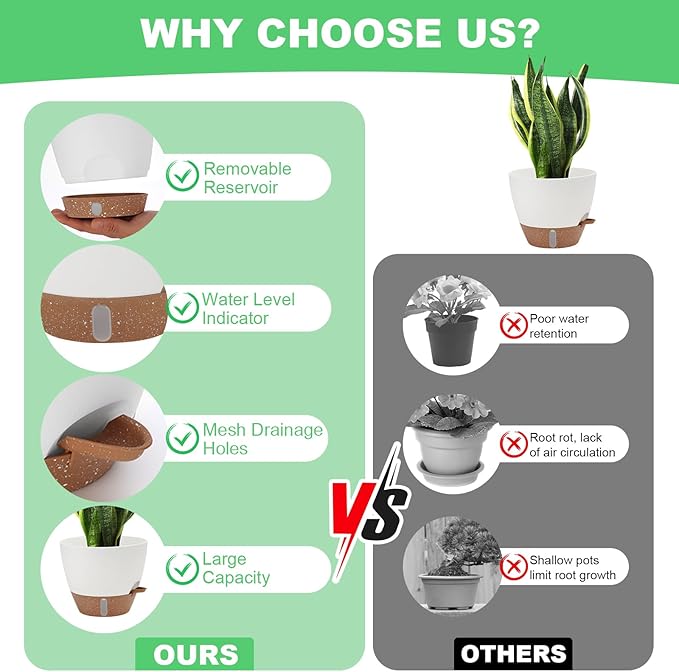 Self Watering Planter with Visual Water Level, Modern 8+7+6.5+6+5.5+5 Inch - Image 3