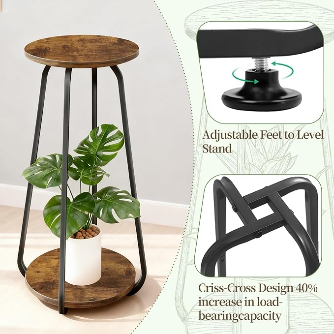 Plant Stand Indoor, 2 Tier Plant Shelf Pedestal Stand Flower Stand, Metal Wood - Image 4
