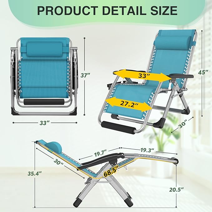 Suteck Oversized Zero Gravity Chair, 33In XXL Outdoor Recliner Chair - Image 2