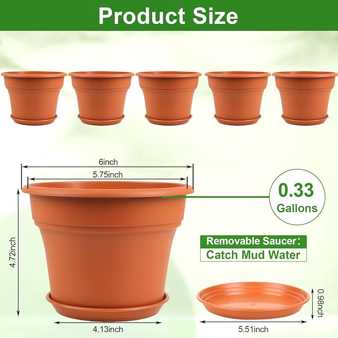 6 Inch Plastic-Flower Pot-for-Indoor Plants, 6 Pack Outdoor Plant Pots - Image 3