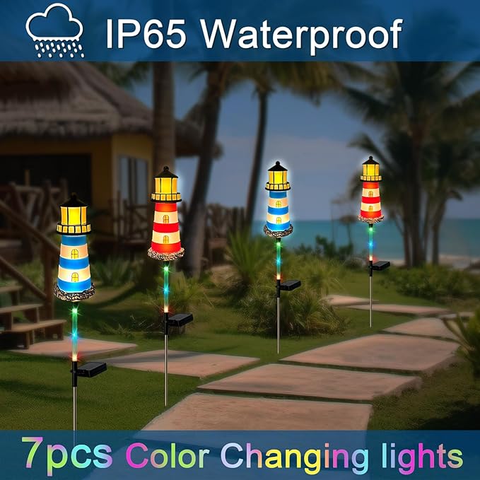 4 Pack Lighthouse Solar Lights, 7 Light Color Changes, IP65 Waterproof Solar - Image 5