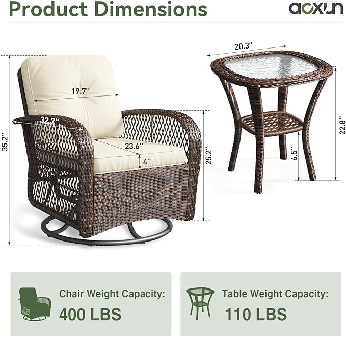Aoxun 3 Pieces Patio Furniture Set, Patio Swivel Rocker Chairs Set of 2 - Image 7