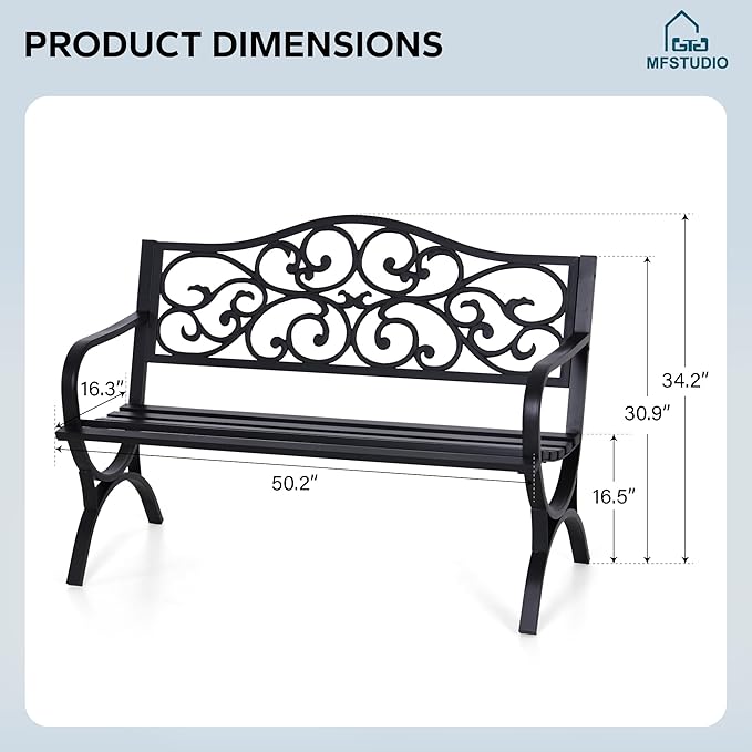 MFSTUDIO 50 Inches Outdoor Garden Bench, Cast Iron Metal Frame Patio Park Bench - Image 2