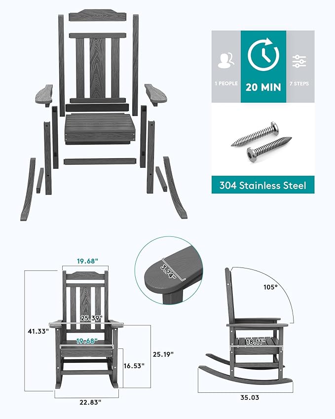 SERWALL Outdoor Rocking Chair Gray Set of 8, All Weather Patio Rocking Chair - Image 4
