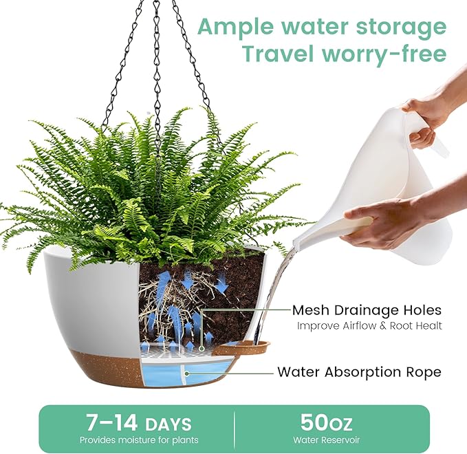 13 Inch 2 Pack Large Self Watering Hanging Planters - Image 3
