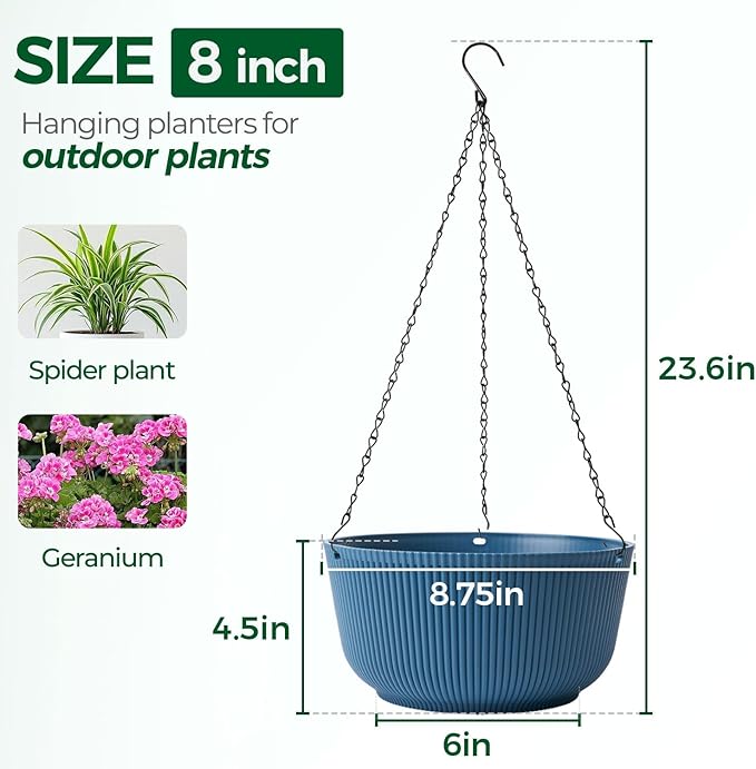 T4U 8 Inch Hanging Planters for Indoor Outdoor Plants, Self Watering Hanging - Image 2