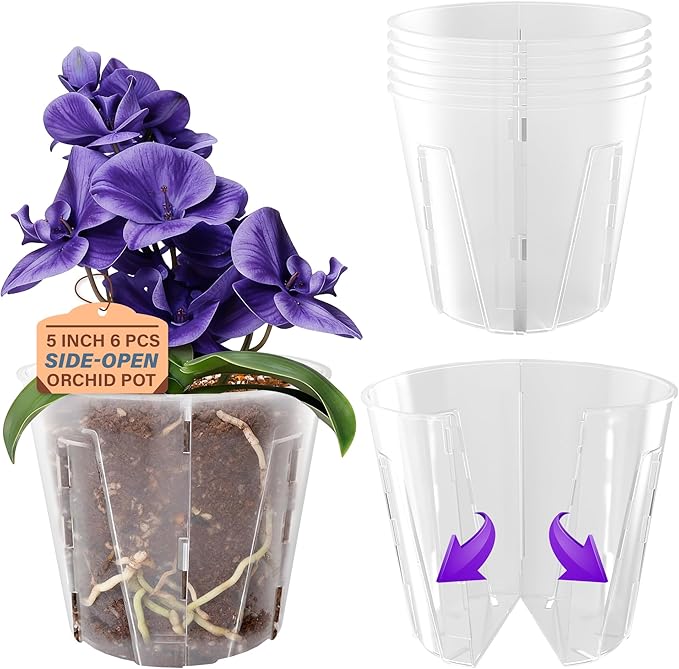 5 Inch Side-Open Orchid Pots 6 Pack, Breathable Slotted Flower Pots by Bluepro