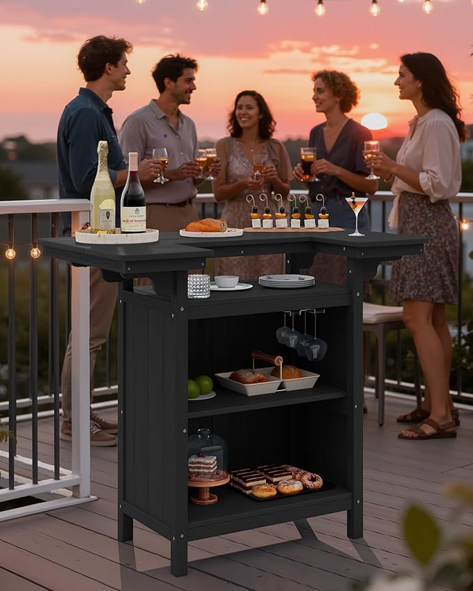 SERWALL Outdoor Bar Table Set – HDPE Black Patio Bar Cabinet - Image 9