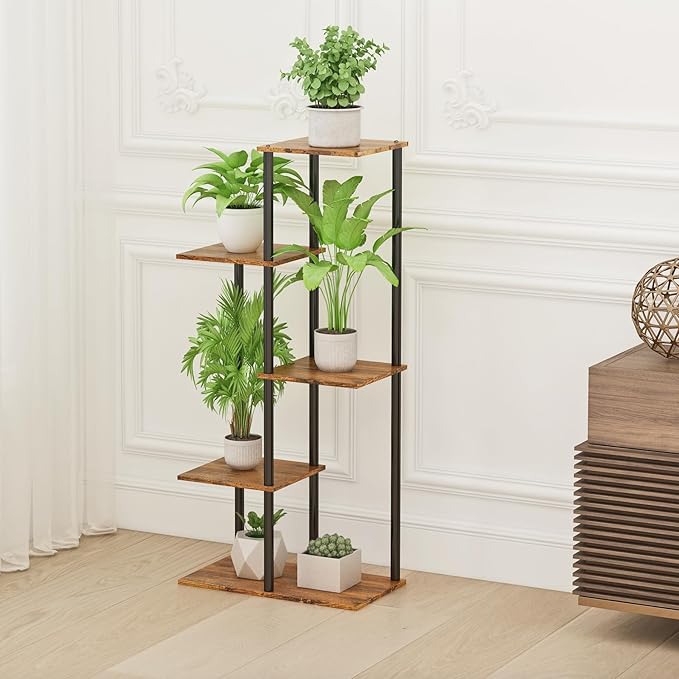 Plant Stand Indoor 5 Tier 6 Potted Metal Wood Plant Shelf, Rustic Brown - Image 4