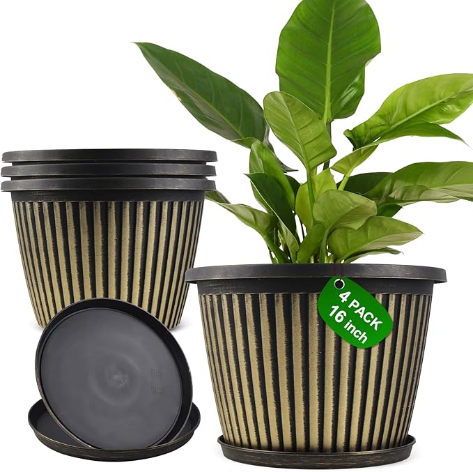 Large-Planter-Indoor-Outdoor Plant Pots, 16 inch 4 Pack Plastic Flower Pots by Myfeegoin