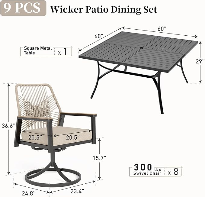 Patio Dining Set 9 Piece, 8 x Woven Rattan Swivel Chairs - Image 4
