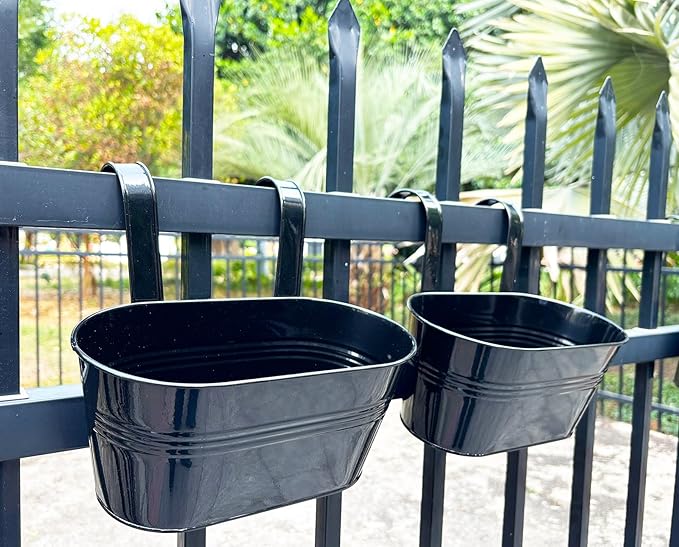 2 Pack Metal Hanging Planter for Outdoor Plants, 10 Inch Black Fence Planters - Image 9