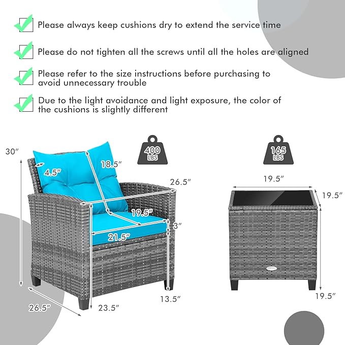 Tangkula 3 Pieces Patio Furniture Set, Outdoor PE Rattan Conversation Chair Set - Image 6
