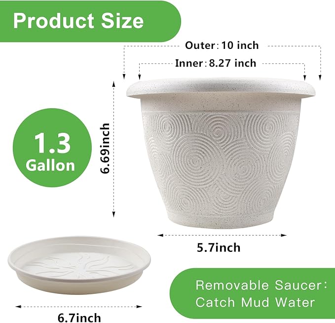 Plastic Flower Pots Planters For Indoor Plants, 3 Pack 10 Inch White Plant Pots - Image 3
