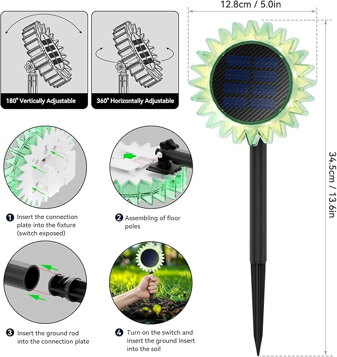 Outdoor Solar Lights, 4 Pack Led Solar Sunflower Lights, Stake/Wall 2-in-1 - Image 5