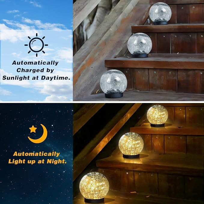 Solar Garden Lights Outdoor Waterproof, 4 Pack Cracked Glass Ball Light - Image 3