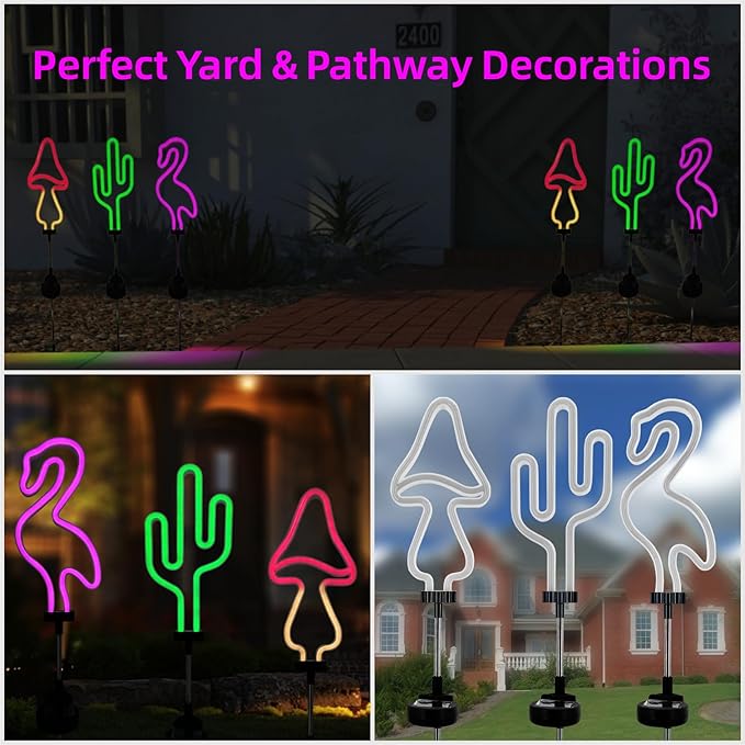Flamingo Cactus and Mushroom Solar Garden Stake Lights Outdoor Waterproof Neon - Image 7