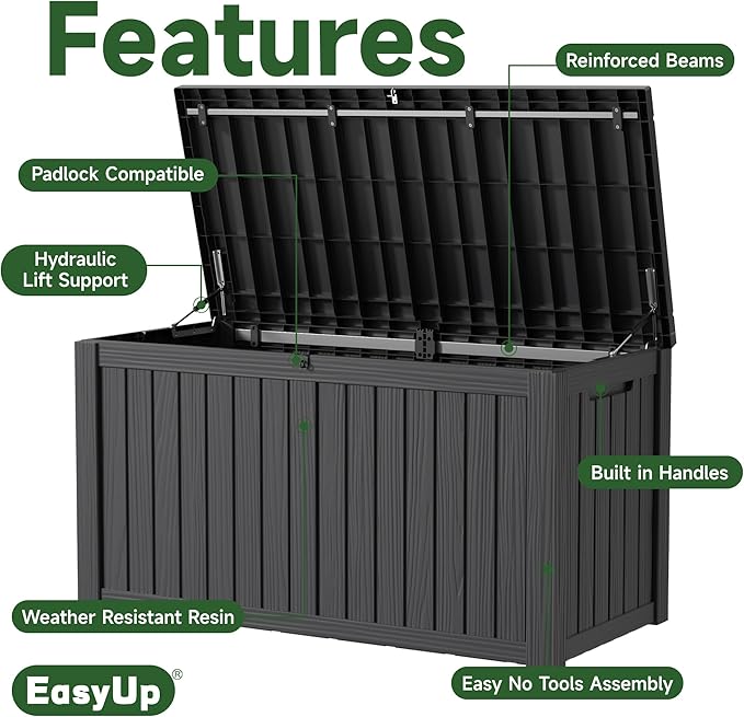EasyUp 180 Gallon Outdoor Storage Box, Resin Waterproof UV-Resistant Deck Box - Image 3