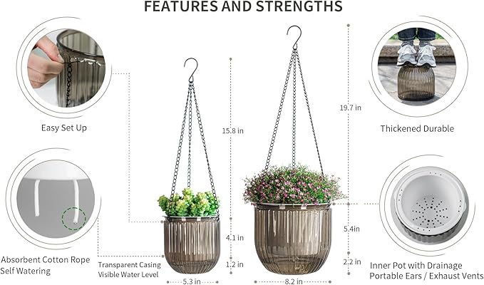 Josteve 5.2/8.2 Inch 2 Pcs Self Watering Hanging Planter Indoor Plant Pots - Image 5