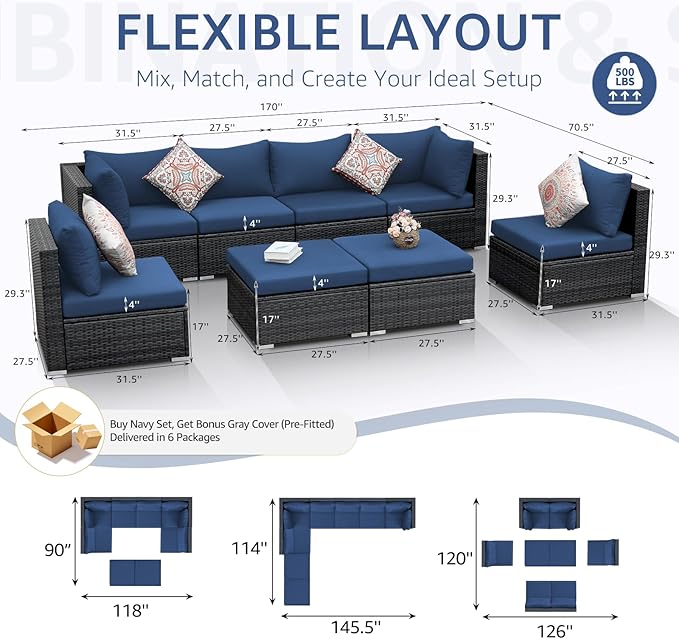 NICESOUL Outdoor Sofa Set of 8, Deep Seating Extra Large Patio Conversation Set - Image 4