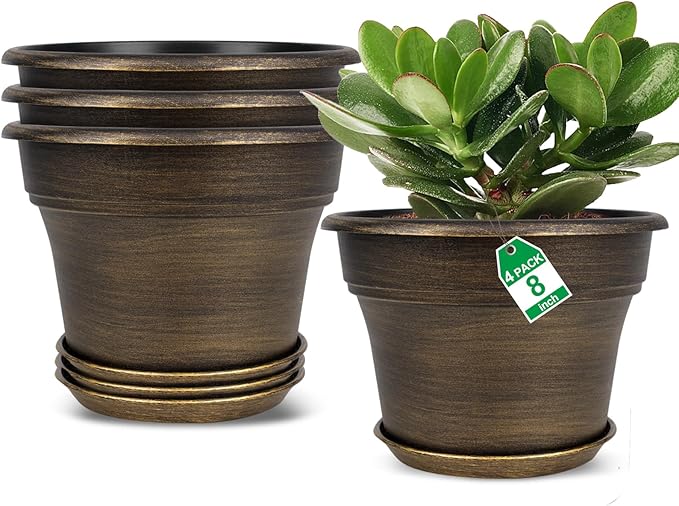 Plant Planters Pots Set of 4 Pack 8 Inch, Plastic Flower Pot by Fodetyff