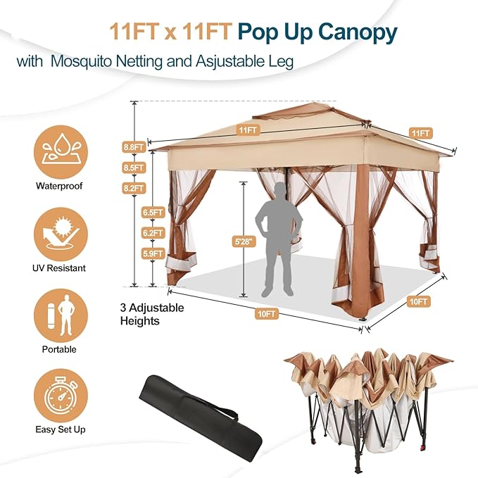 COBIZI 11x11 Pop Up Gazebo Canopy Tent Easy Up Outdoor Gazebo Waterproof - Image 4