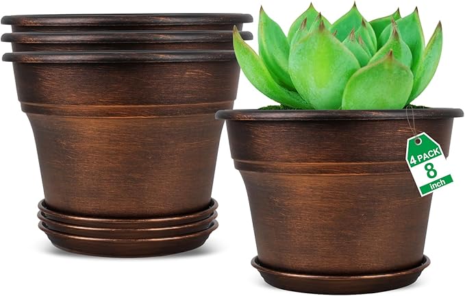 Plant Planters Pots Set of 4 Pack 8 Inch, Plastic Flower Pot by Fodetyff