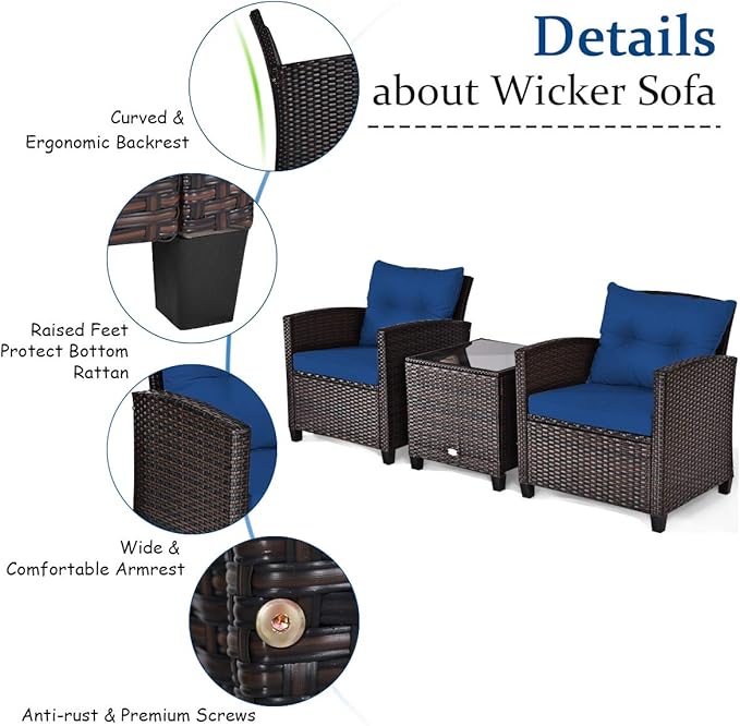 Tangkula 3 Pieces Patio Furniture Set, PE Rattan Wicker 3 Pcs Outdoor Sofa Set - Image 7