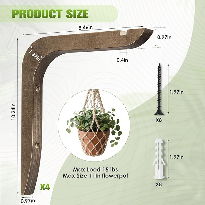 USION Wooden Plant Hangers Indoor Wall Mount, 8.6-Inch Hanging Plant Hooks - Image 4