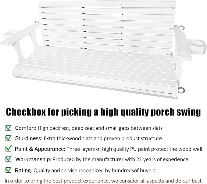 Wooden Porch Swing 3-Seater, High Backrest and Deep Seat, Bench Swing - Image 4