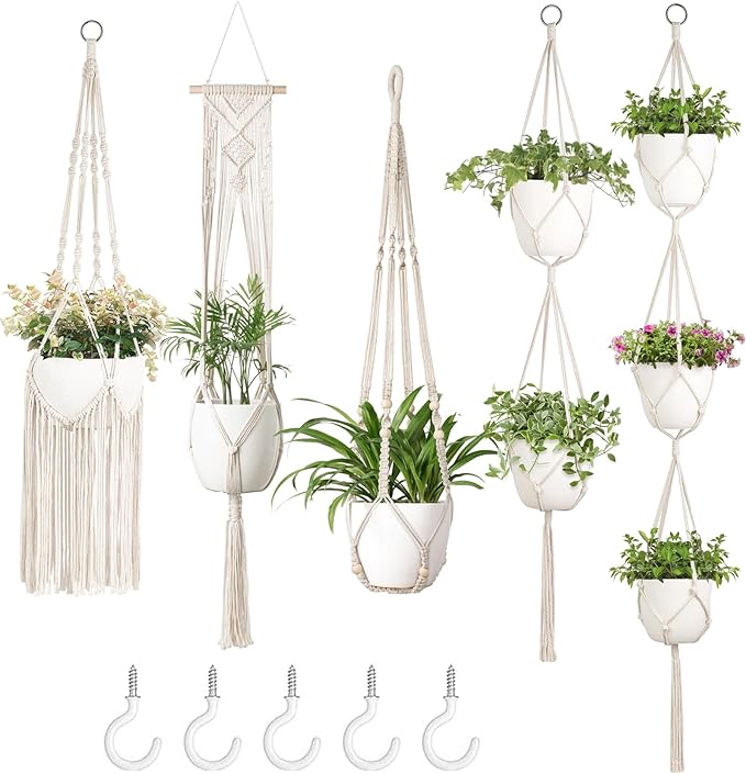 Mkono Macrame Plant Hangers, 5 Pack Different Tiers Indoor Hanging Planters by Mkono