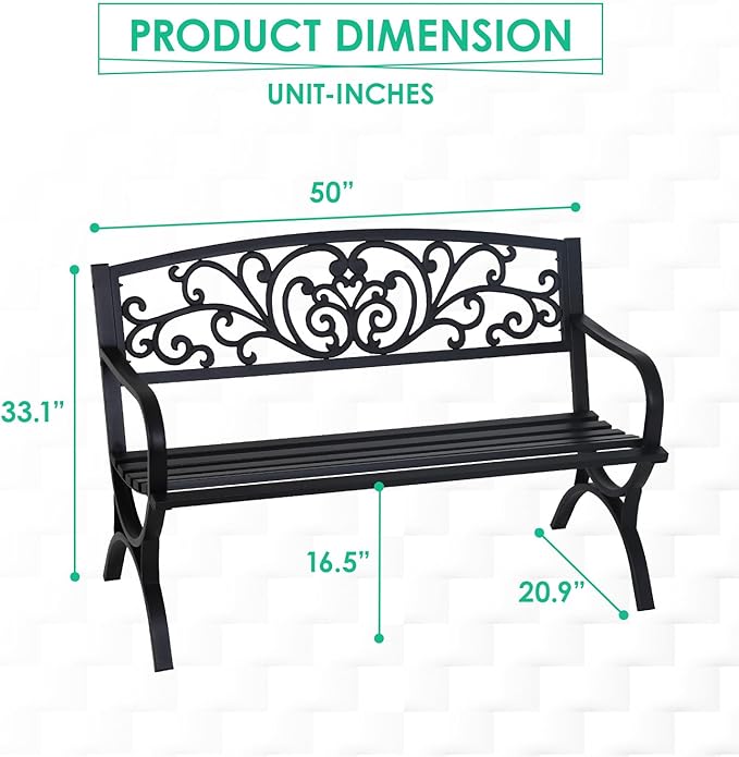 FDW Outdoor 50 Inches Garden Bench, Slatted Seat Armrests Floral Design Backres - Image 3