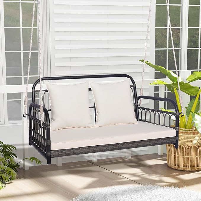 Tangkula Outdoor Wicker Porch Swing, 2-Person Hanging Seat - Image 2