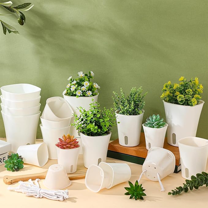 18 Pcs Self Watering Pots Plastic Plant 3 Sizes Flower Plant Pot - Image 5