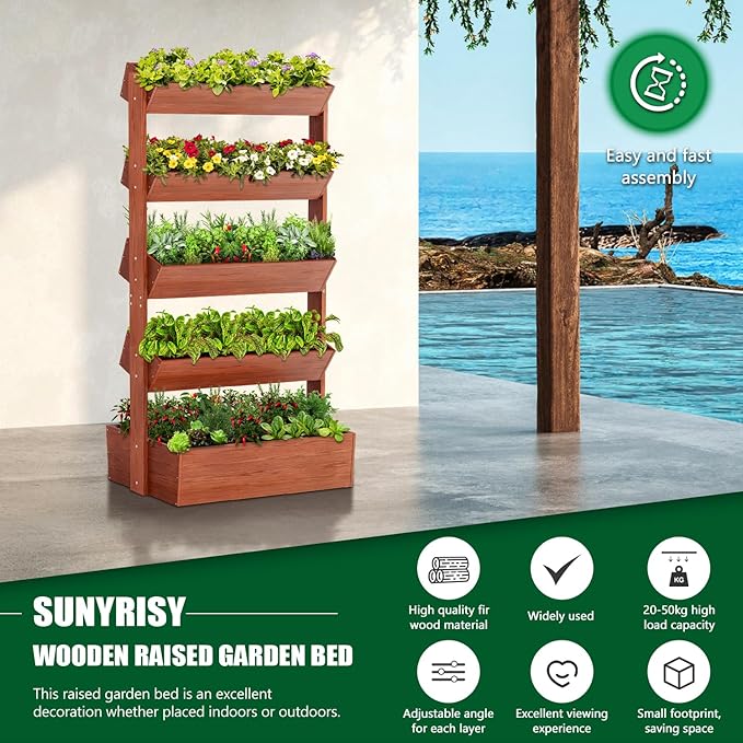 SUNYRISY 5 Tiers Vertical Wooden Raised Garden Bed Outdoor, Freestanding Garden - Image 3