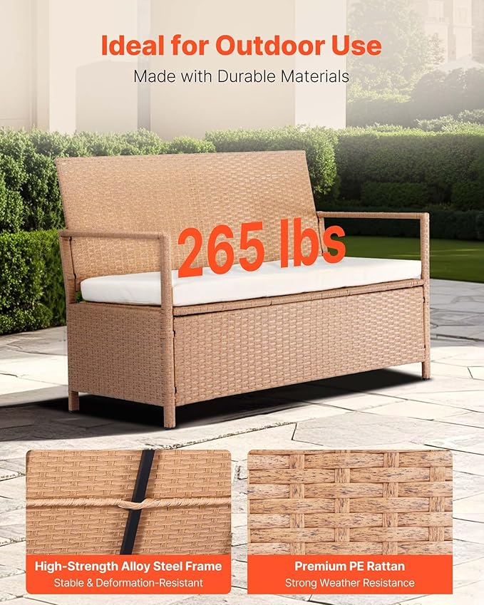 VEVOR Outdoor Storage Bench, 2-Person PE Rattan Storage Bench, 70 Gal Deck Box - Image 5