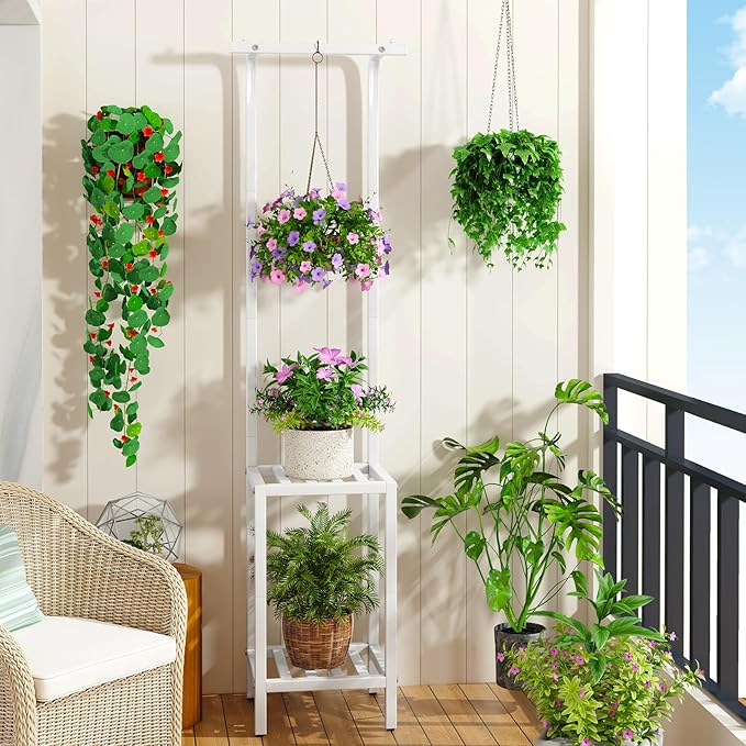 IBUYKE 67 Inch Tall Plant Stand Indoor Outdoor, 3 Tier Metal Hanging Plant Shelf - Image 8